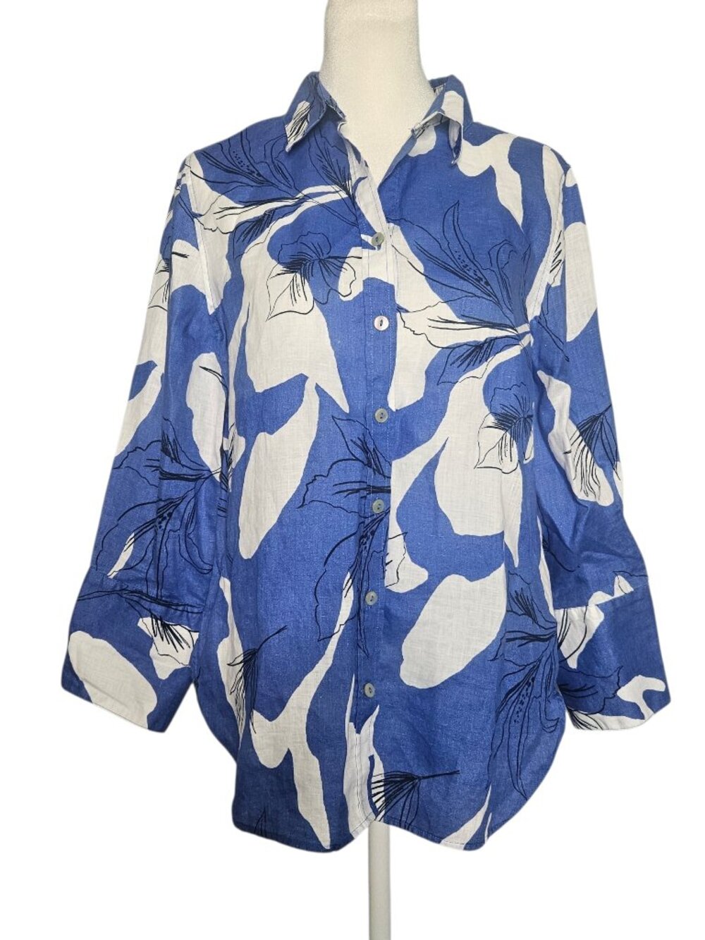 Chico's 100% Linen Floral Blue Tropical Women Top SZ 0 US 4 Small Coastal Resort